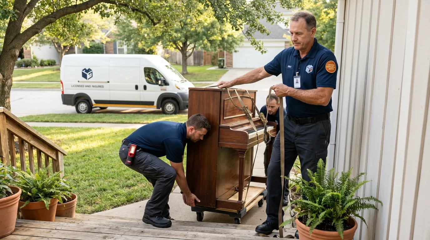 Licensed piano movers securing grand piano in Greensburg, LA