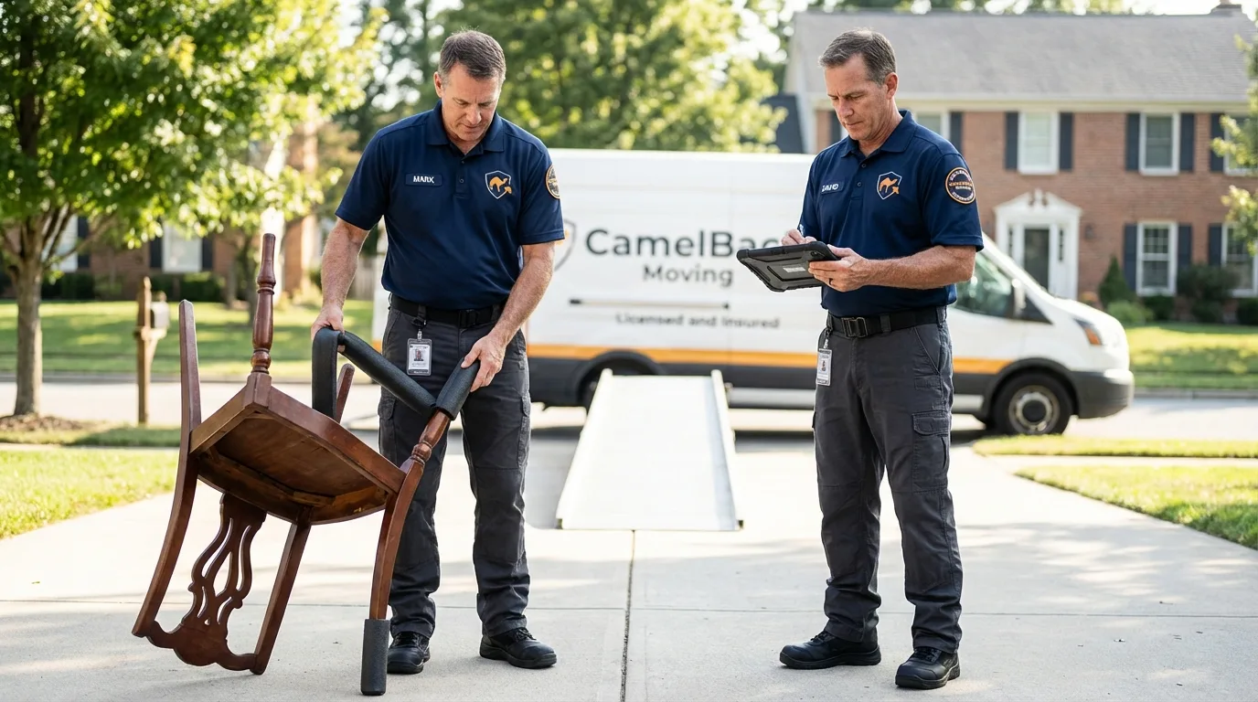 Movers inspecting furniture for damage prevention before loading in Greensburg, LA