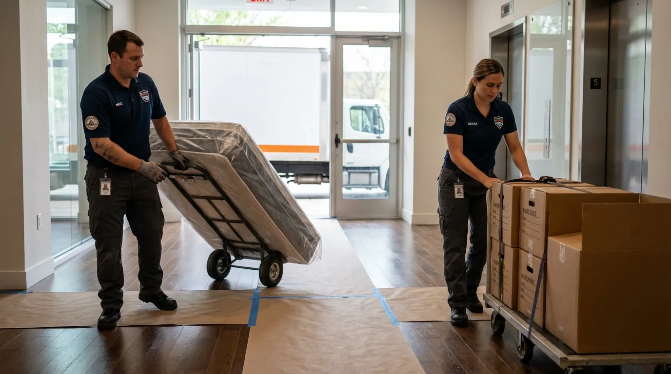 Professional apartment movers loading elevator in Greensburg, LA