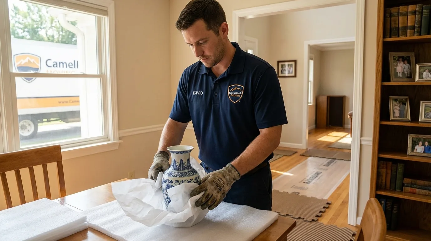 Professional crew carefully wrapping antique vase for senior downsizing move in Greensburg, LA
